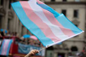Transgender pride flag is waved above crowd