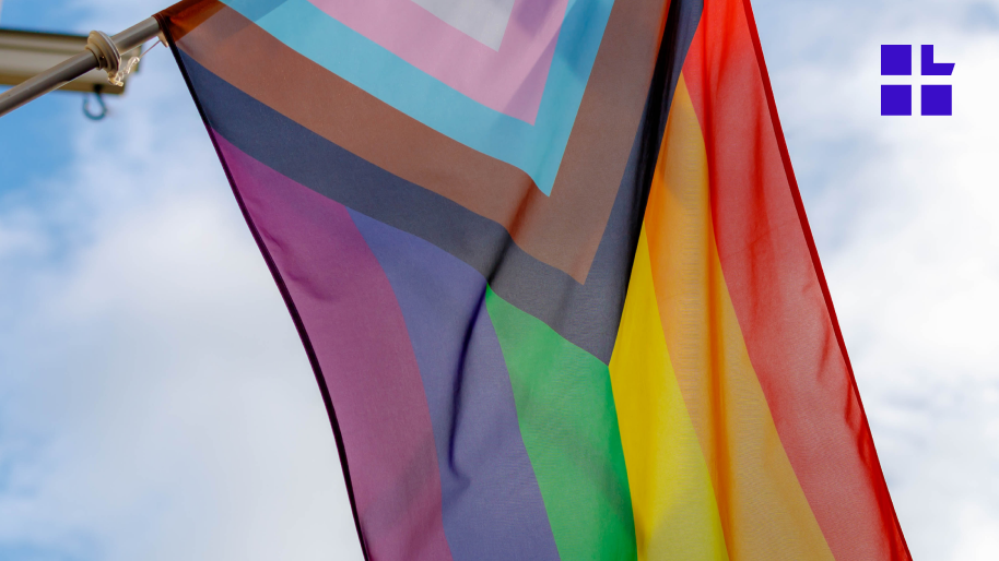 Equality pride flag with Lambda Legal logo