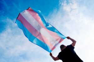 Person holds transgender flag over blue sky