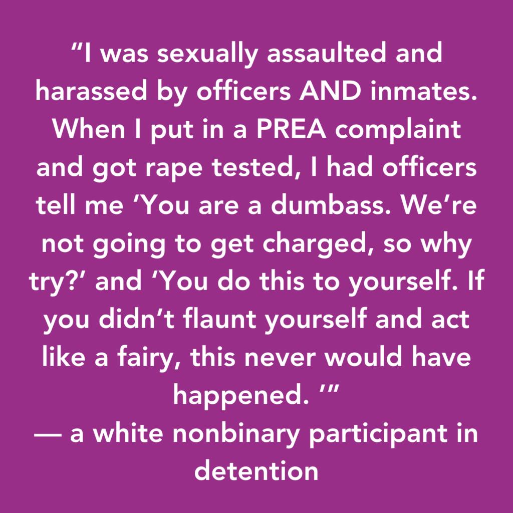 Pink text on white background which reads: "I was sexually assaulted and harassed by officers AND inmates. When I put in a PREA complaint and got rape tested, I had officers tell me 'You are a dumbass. We're not going to get charged, so why try?' and 'You do this to yourself. If you didn't flaunt yourself and act like a fairy, this never would have happened.'" - a white nonbinary participant in detention