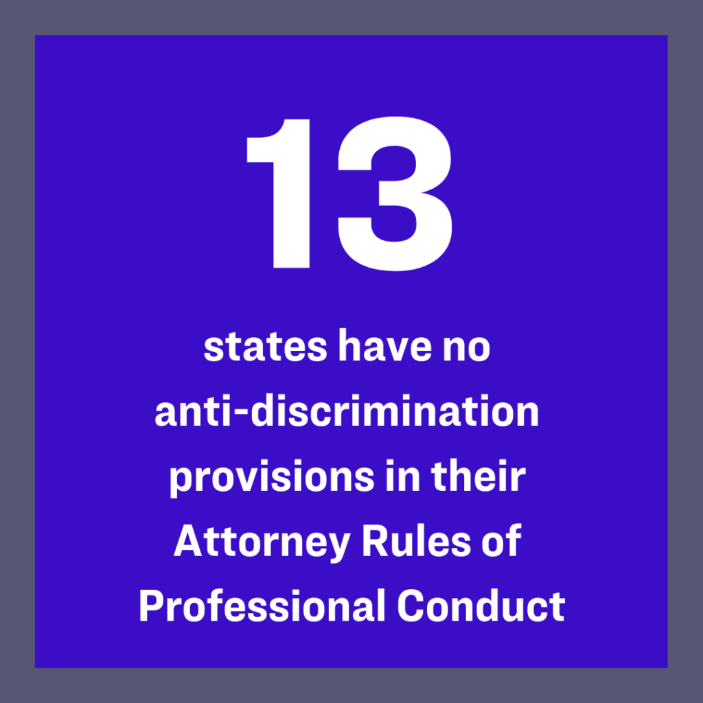 Graphic reads "13 states have no anti-discrimination provisions in their Attorney Rules of Professional Conduct"