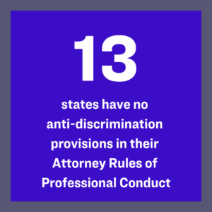 Graphic reads "13 states have no anti-discrimination provisions in their Attorney Rules of Professional Conduct"