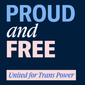 Graphic with dark background and pink, white and light blue text that reads "proud and free united for trans power"
