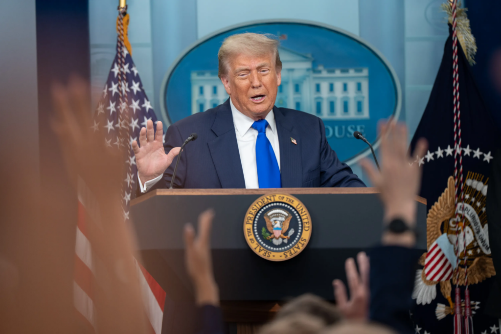 President Donald Trump holds a press conference.